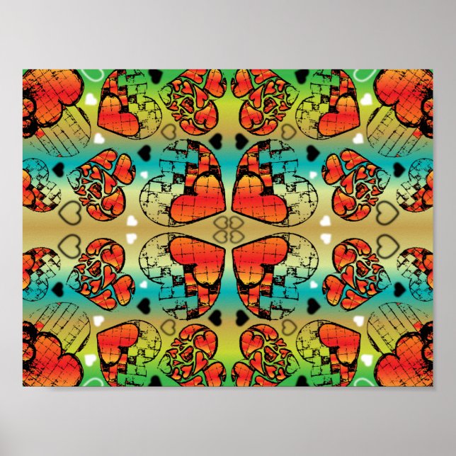 Red and green Whimsical Romantic Hearts pattern Poster (Front)