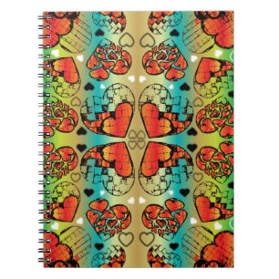 Red and green Whimsical Romantic Hearts pattern Spiral Notebook