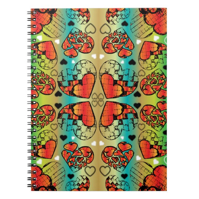 Red and green Whimsical Romantic Hearts pattern Spiral Notebook (Front)