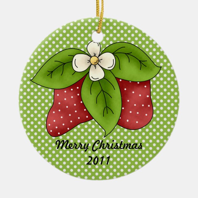 Red and Green Winter Christmas Strawberry Design Ceramic Tree Decoration (Front)