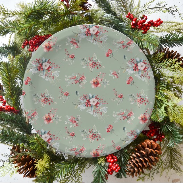 Red and Green Winter Floral Bridal Shower Paper Plate (Creator Uploaded)