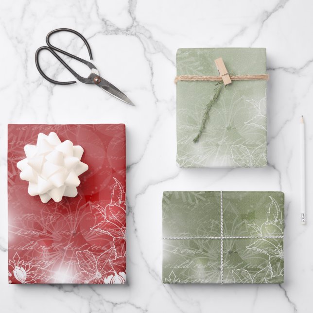 Red and Green with White Poinsettia and Flowers  Wrapping Paper Sheet (Front)