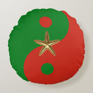 Red and Green Yin Yang with Gold Star Round Cushion