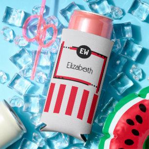 Red and grey add initials name stripes seltzer can cooler
