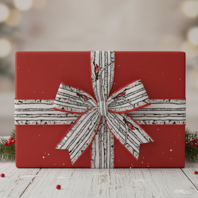 Red and Grey Birch Trees and Red Cardinal Birds Grosgrain Ribbon (Elegant Winter Red Cardinal Bird & Birch Trees Pattern Ribbon for Christmas. Nature Birds Gift Wrap)