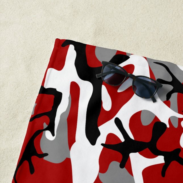 Red and Grey Camouflage, Military, Army Beach Towel (In Situ)