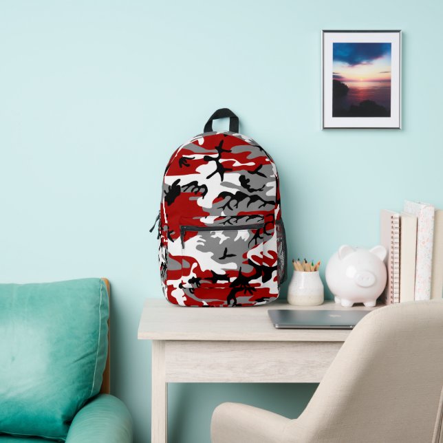 Red and Grey Camouflage, Military, Army Printed Backpack (Insitu)