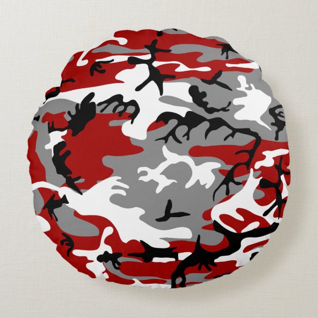 Red and Grey Camouflage, Military, Army Round Cushion (Front)