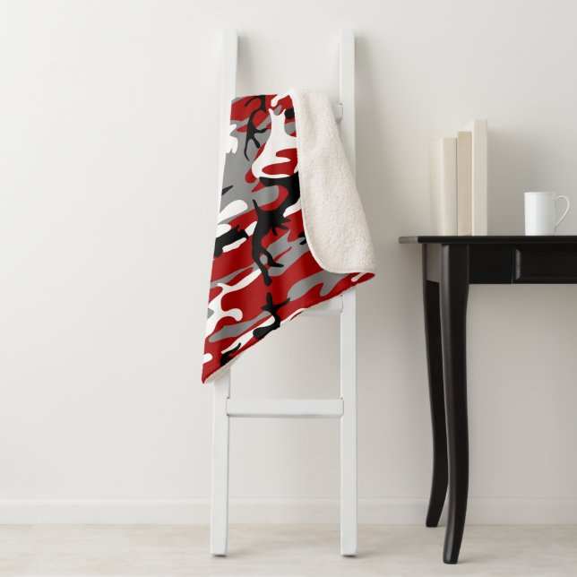 Red and Grey Camouflage, Military, Army Sherpa Blanket (In Situ)