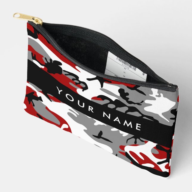 Red and Grey Camouflage Your name Personalise Accessory Pouch (Open)