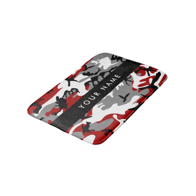 Red and Grey Camouflage Your name Personalise Bath Mat (Angled)