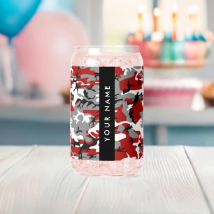 Red and Grey Camouflage Your name Personalise Can Glass