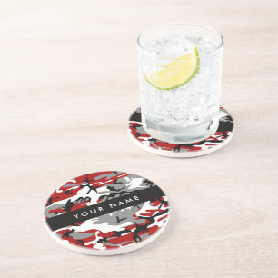 Red and Grey Camouflage Your name Personalise Coaster