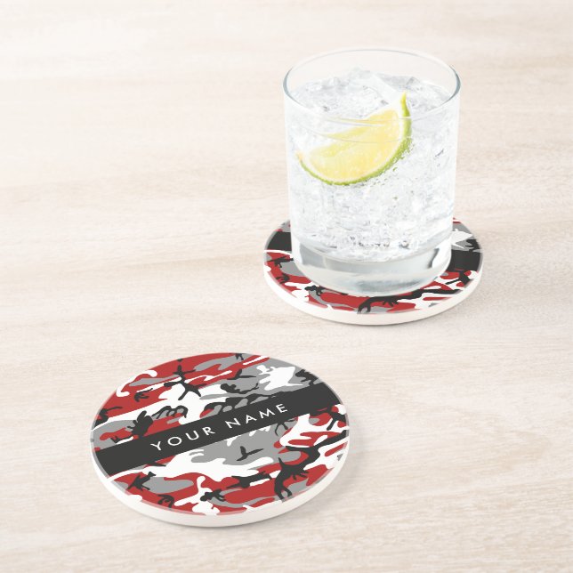 Red and Grey Camouflage Your name Personalise Coaster (Side)