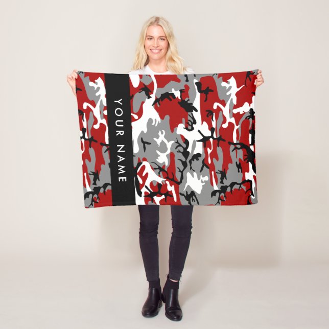 Red and Grey Camouflage Your name Personalise Fleece Blanket (In Situ)