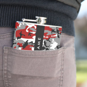 Red and Grey Camouflage Your name Personalise Hip Flask