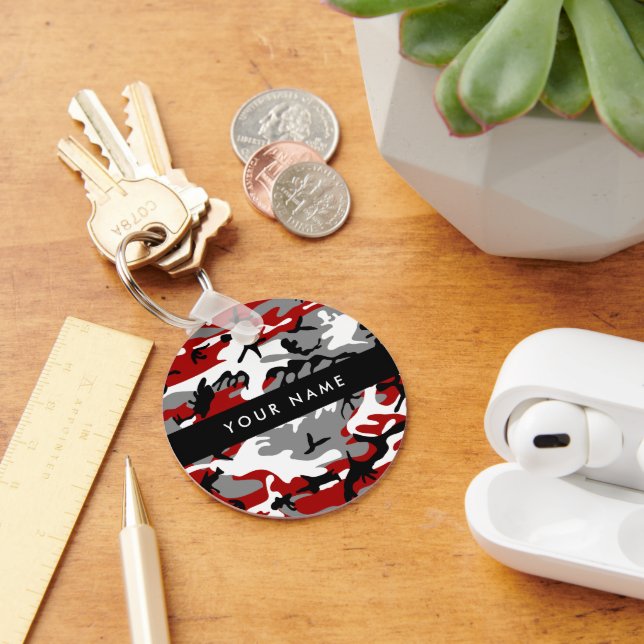 Red and Grey Camouflage Your name Personalise Key Ring (Desk)