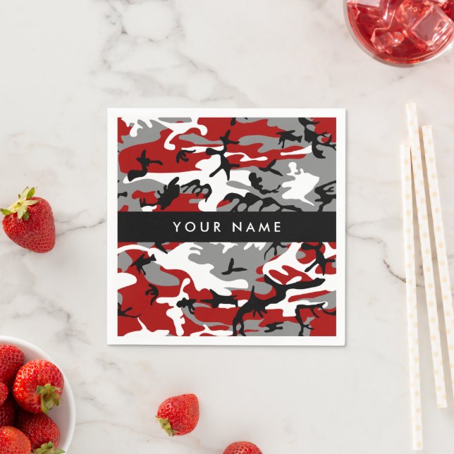 Red and Grey Camouflage Your name Personalise Napkin (Insitu)