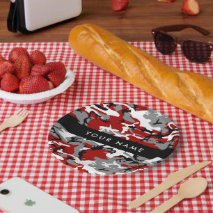 Red and Grey Camouflage Your name Personalise Paper Plate