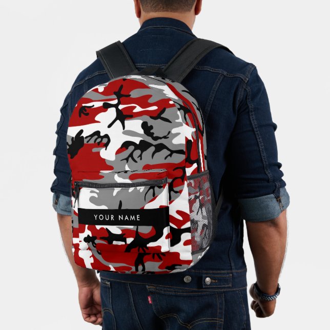 Red and Grey Camouflage Your name Personalise Printed Backpack (Insitu (Model))