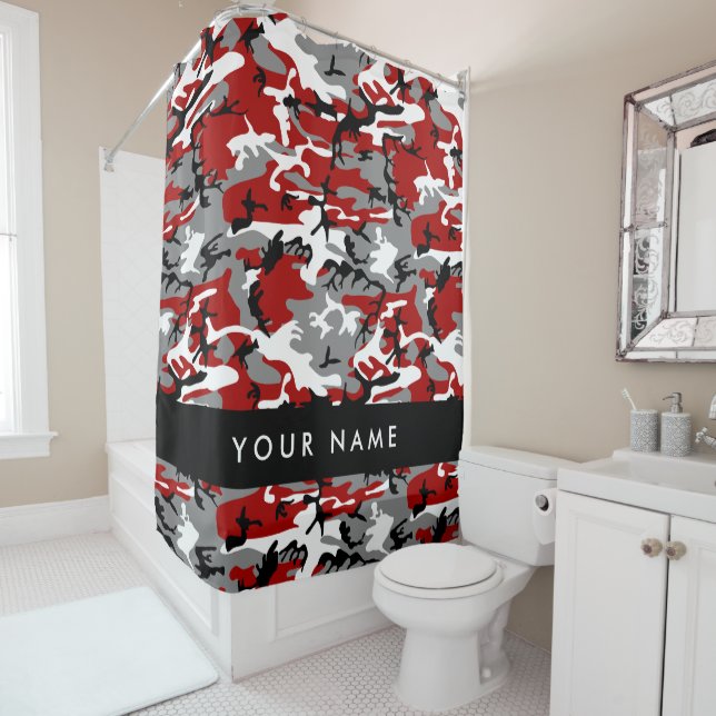 Red and Grey Camouflage Your name Personalise Shower Curtain (In Situ)