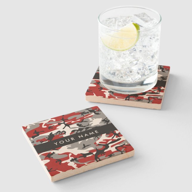 Red and Grey Camouflage Your name Personalise Stone Coaster (Side)