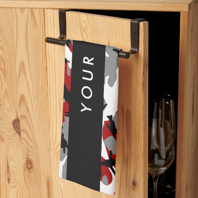 Red and Grey Camouflage Your name Personalise Tea Towel (Thirds Fold)