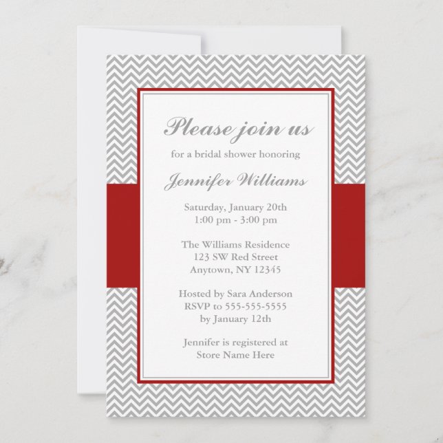 Red and Grey Chevron Bridal Shower Invitation (Front)
