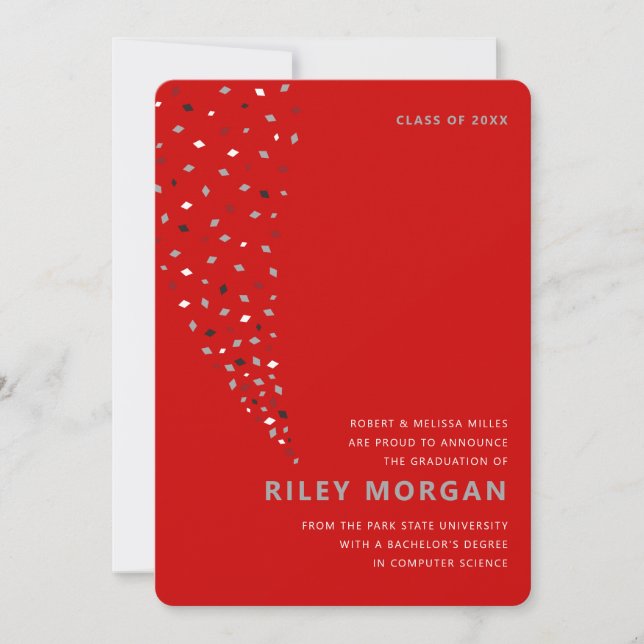 Red and grey confetti graduation announcement (Front)