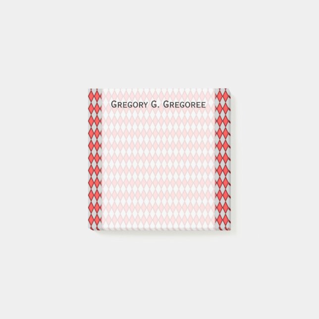 Red and Grey Diamond Shape Pattern + Custom Name Post-it Notes (Front)