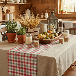 Red and grey farm style plaid medium table runner