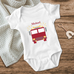 Red and Grey Fire Truck Baby Bodysuit