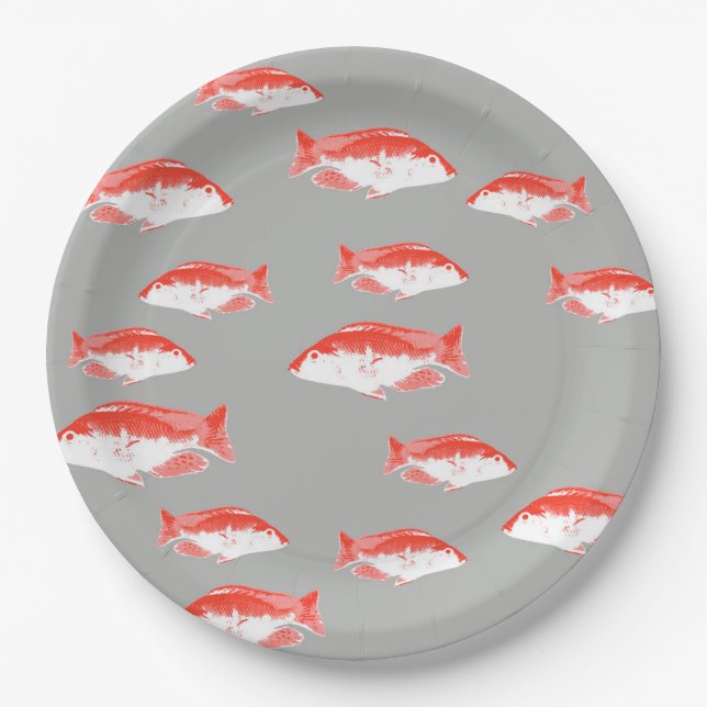 Red and grey fish paper plate (Front)