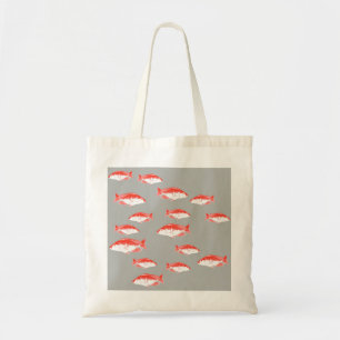 Red and grey fish tote bag