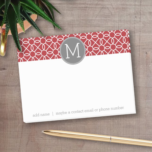 Red and Grey Geometric Pattern Monogram Post-it Notes (Personalized Post-it notes - add your name and other text)