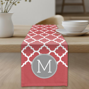 Red and Grey Geometric Pattern Monogram Short Table Runner