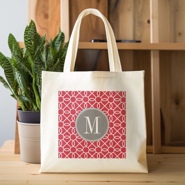 Red and Grey Geometric Pattern Monogram Tote Bag (Personalized tote bag with pattern and monogram)