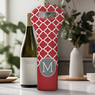 Red and Grey Geometric Pattern Monogram Wine Bag