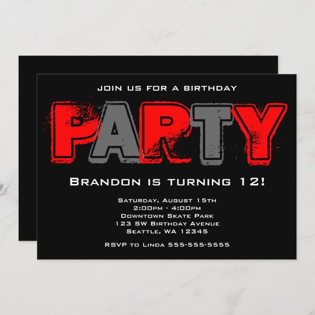 Red and Grey Grunge Birthday Party Invitation (Front/Back)