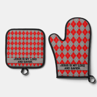Red And Grey Jesus Is My Saviour Oven Mitt & Pot Holder Set