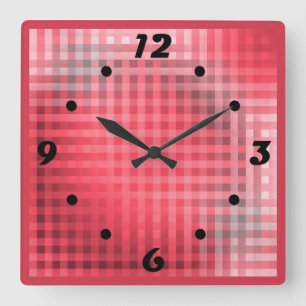 Red and grey plaid grunge square wall clock