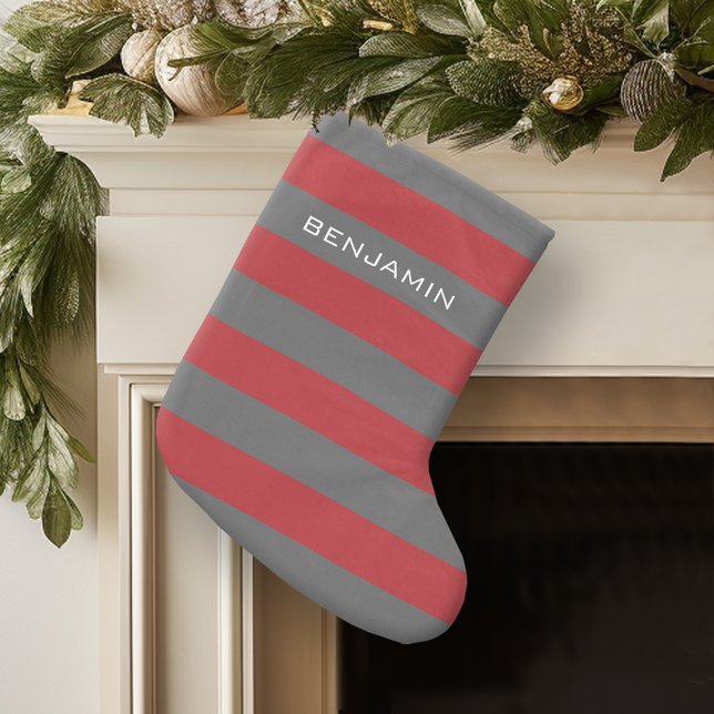 Red and Grey Rugby Stripes with Custom Name Large Christmas Stocking (Personalized Christmas Stocking)