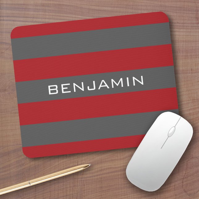 Red and Grey Rugby Stripes with Custom Name Mouse Pad (Custom mouse pads)