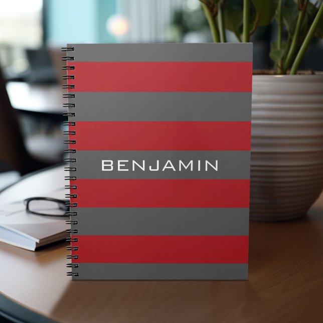 Red and Grey Rugby Stripes with Custom Name Spiral Notebook (Personalized notebook with custom text - add your name and other options)