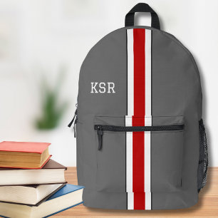 Red and Grey Stripe College Colours Monogram Printed Backpack