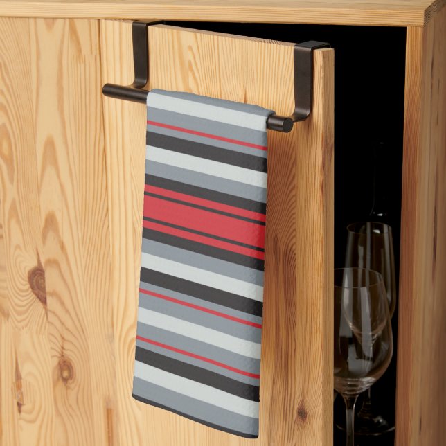 Red And Grey Striped  Tea Towel (Thirds Fold)