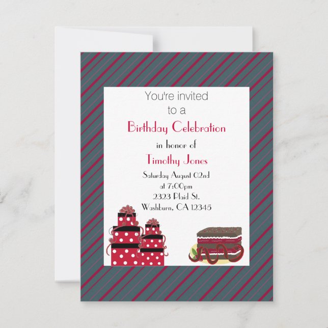 Red and Grey Stripes Birthday Invitation (Front)