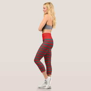 Red and Grey Stripes Capri Leggings