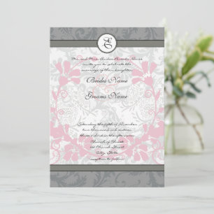 Red and Grey Vintage Lovebird Damask Wedding Invitation
