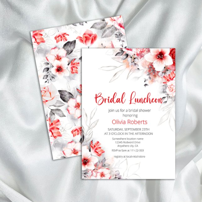 Red and Grey Watercolor Flowers Bridal Luncheon Invitation (Creator Uploaded)